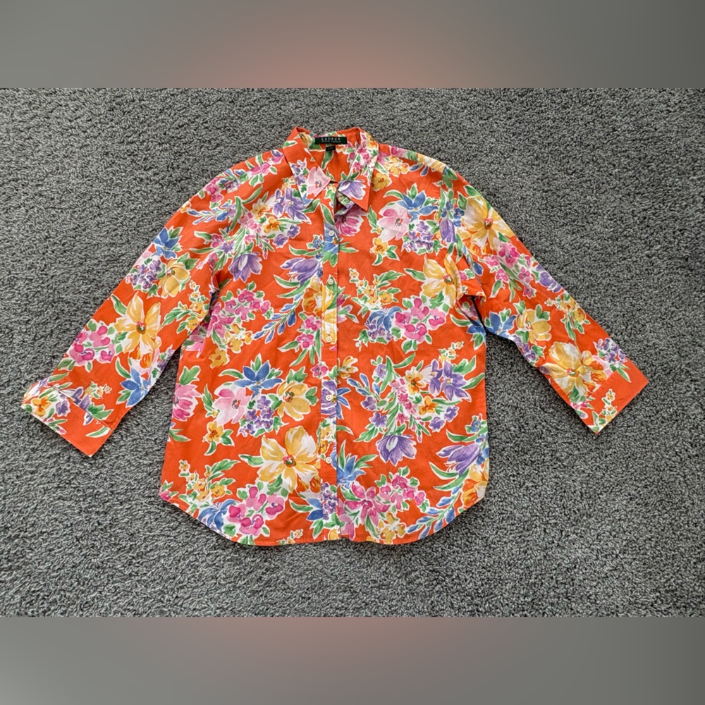 Ralph Lauren Orange tropical Floral 3/4 sleeve bottom up Shirt - Picture 3 of 7